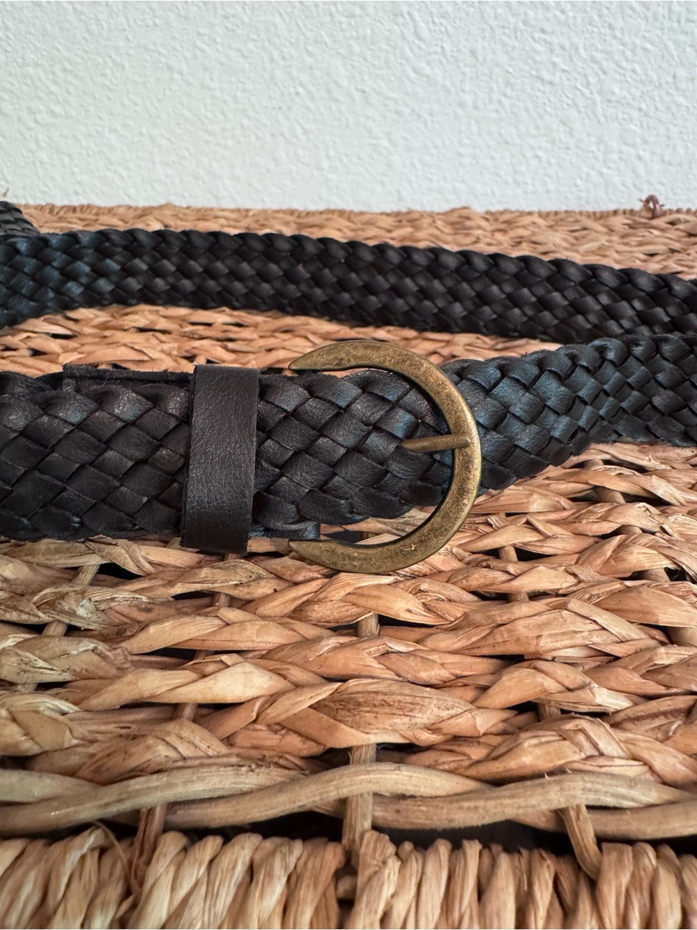 Woven Black Leather Belt with Brass Round Buckle